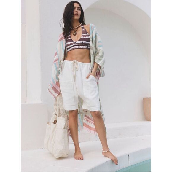 Free people sail away linen striped patchwork kimbo cardigan coverup OS new - Picture 1 of 13